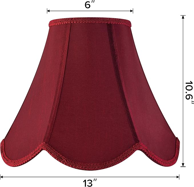 GO&SO Set of 2 Burgundy Bell Lamp Shades Scalloped Lamp Shade Petal Edge Braid 6"Top x 13"Bottom x 10.6"High (Spider) Silk Fabric Lampshades for Floor Lamp,Handmade DIY Table Lamp Shade Replacement