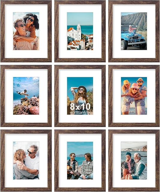 Vittanly 8x10 Picture Frames Set of 9, Shatter Resistant Plexiglass, Display 5x7 Pictures with Mat or 8x10 without Mat, Photo Frames for Wall or Tabletop, Engineered Wood, Brown