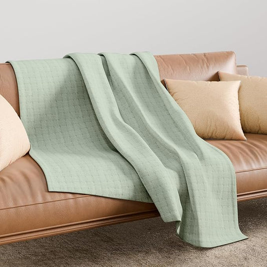 Full/Queen (90"x90") Sage 100% Cotton Blanket – Soft, Breathable, Anti-Odor, Warm & Cozy Bed Blanket for All Seasons, Basket Weave, Luxury Bedding