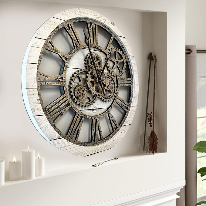 ImprovingLife The Gears Clock The Original Real Moving Gear Wall Clock Vintage Industrial Oversized Rustic Farmhouse (24 inch (60cm),White Farmhouse)