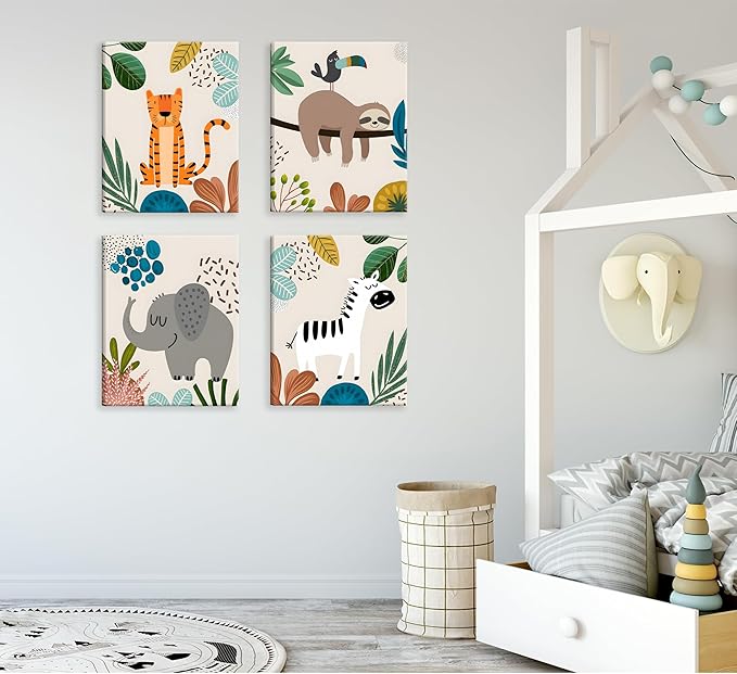 4pcs framed Baby Safari Nursery Wall Art Zebra elephant tiger monkey Pictures Poster Cute Animal Canvas Paintings Prints Decor for Kid Room Baby Room Wall Decor