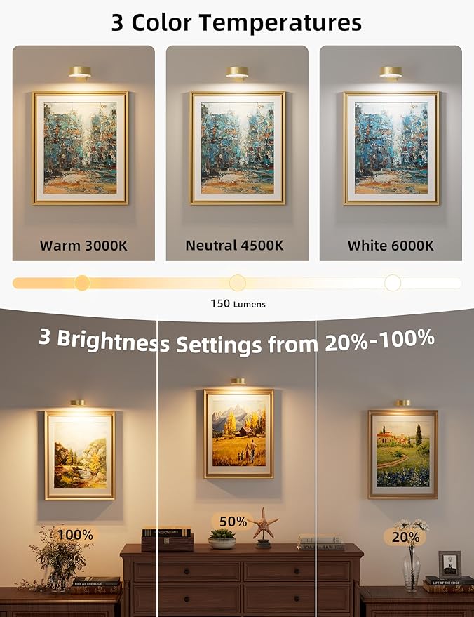 VOLISUN Picture Lights for Wall, 4000mAh Rechargeable Picture Light Battery Operated, 3 Color Temperatures Cordless Picture Light with Remote, Art Light for Painting, Gallery, Portrait, 3 Pack (Gold)