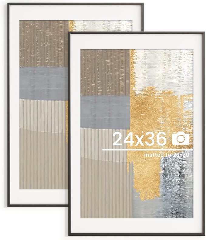 24x36 inch Metal Poster Frame - 24 x 36 Thin Aluminum Picture Frames Matted for 20x30 Photos, Artworks, Prints, Puzzle - High Definition Plexiglass - Vertical and Horizontal Display - Wall Hook Hanging Hardware Included - Black, 2 Pack