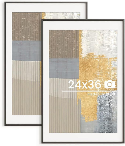 24x36 inch Metal Poster Frame - 24 x 36 Thin Aluminum Picture Frames Matted for 20x30 Photos, Artworks, Prints, Puzzle - High Definition Plexiglass - Vertical and Horizontal Display - Wall Hook Hanging Hardware Included - Black, 2 Pack