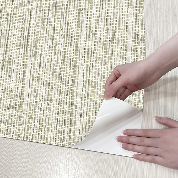 Grasscloth Peel and Stick Wallpaper 17.3" x 197" Renter Friendly, Cream Textured Grassweave Wallpaper Self Adhesive Removable for Bathroom Bedroom