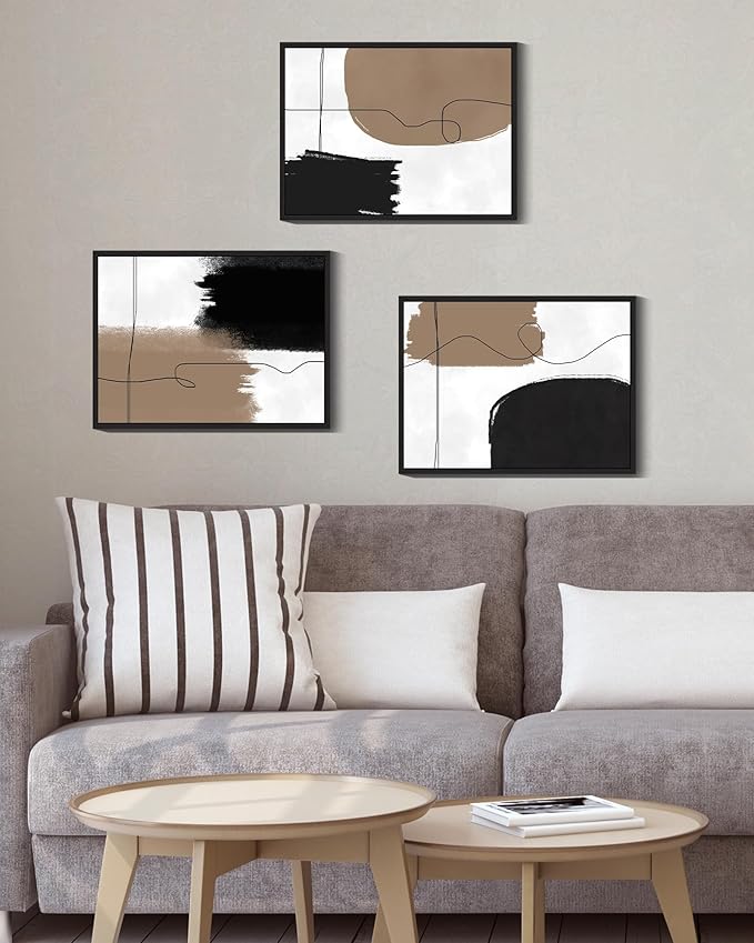 KUVIOKE Neutral Abstract Framed Wall Art Beige Mid Century Textured Wall Decor Minimalist Line Modern Illustrations Art Print Home Decor 11x14in (Black Framed)