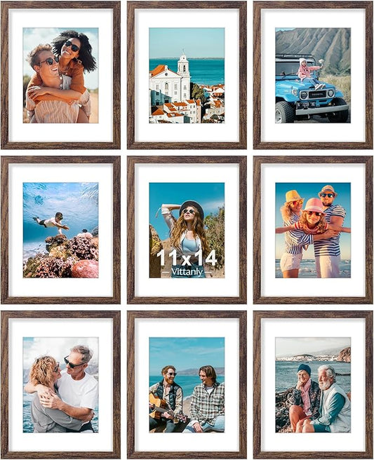 Vittanly 11x14 Picture Frames Set of 9, Shatter Resistant Plexiglass, Display 8x10 Pictures with Mat or 11x14 without Mat, Photo Frames for Wall or Tabletop, Engineered Wood, Brown