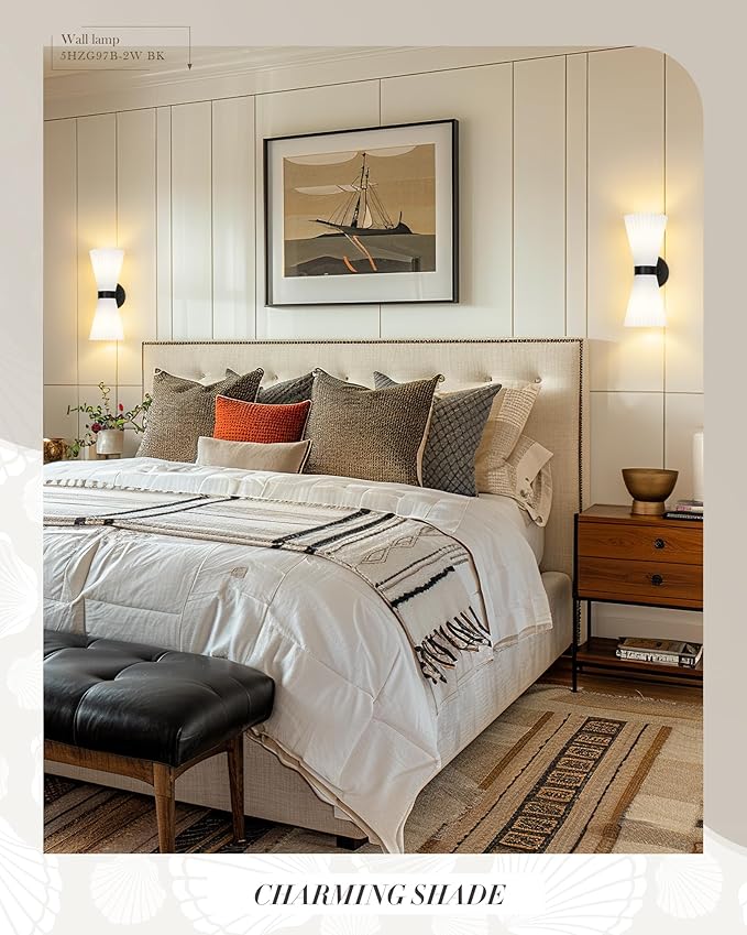 Modern Black Wall Sconce, HWH Up and Down Indoor Sconces Wall Lighting with Frosted Milk White Striped Glass Shade, Hardwired Wall Mounted Vanity Lamp for Bathroom, 5HZG97B-2W BK