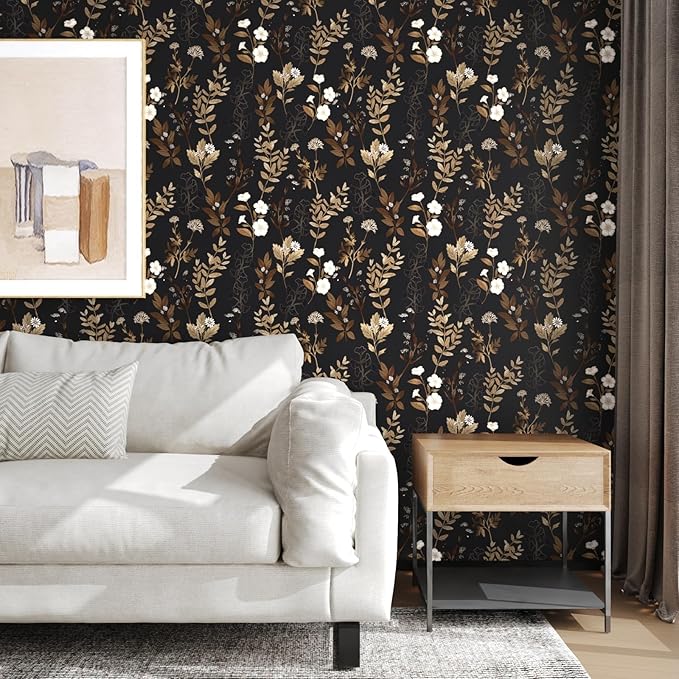 Black Floral Wallpaper Peel and Stick Gold Leaf Contact Paper 17.4" x 118" Leaf Wallpaper Waterproof Self-Adhesive Wall Covering for Bedroom Countertop Desk Cabinets Decor