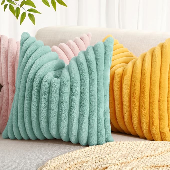 decorUhome Faux Fur Throw Pillow Covers 12x20 Set of 2, Decorative Soft Plush Striped Lumbar Neutral Couch Euro Pillow Covers with Velvet Back for Sofa, Bed, Living Room Home Decor, Mustard Yellow