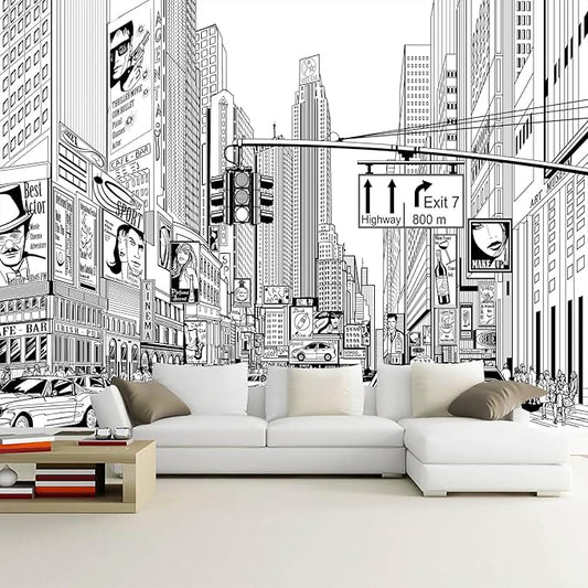 WFBHUA-Black and White New York City Wallpaper Hand Painted Times Square Wall Mural Decoration for Living Room Bedroom Offices(Not Peel and Stick)