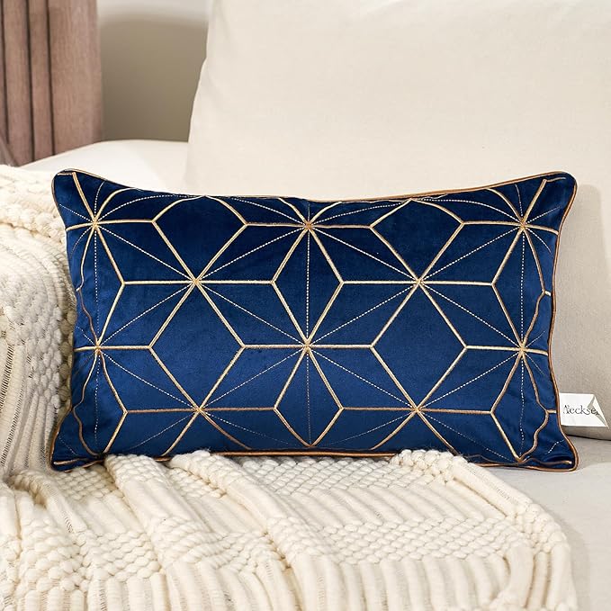 Aeckself 12 x 20 Inch Navy Blue Gold Plaid Geometric Lines Embroidery Velvet Cushion Case Luxury Modern Rectangular Throw Pillow Cover Decorative Pillow for Couch Living Room Bedroom Car