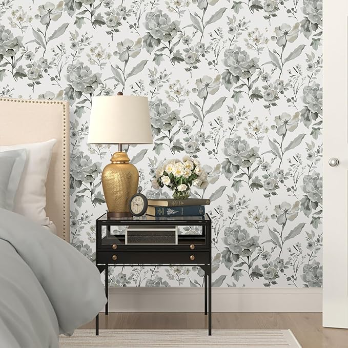 Vinjiasin Wallpaper Peel and Stick Black and White Ink Floral Contact Paper Vintage Flower Leaf Wall Paper for Bathroom Bedroom Self Adhesive Removable 16.1"x 118"