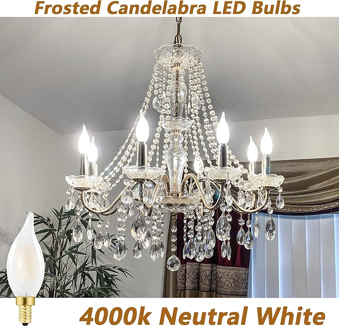 Chandelier Light Bulbs 40 Watt, Dimmable Frosted Candelabra LED Bulbs,4W Equal 40W, Neutral White 4000K, E12, 400LM,AC120V, Ceiling Fan Light Bulbs Type B (6 Pack) (4w-4000k(Neutral White))