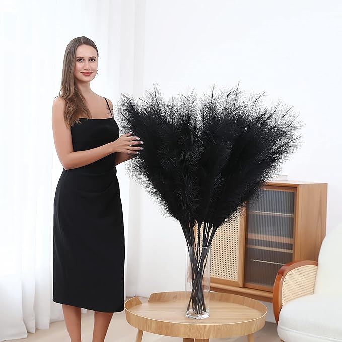 8 Pcs 45 inch Tall Faux Pampas Grass Decor, Large Artificial Black Pompous Grass Bulk, Long Fake Pompas for Floor Vase Filler, Wedding, Baby Shower, Home and Boho Decor (Black)