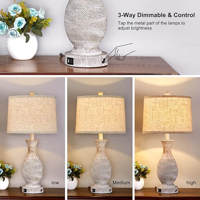 28" Farmhouse Table Lamp for Living Room, Rustic Touch Bedside Table Lamps Set of 2 with USB Charging Ports,3-Way Dimmable Nightstand Lamps for Bedroom,Oatmeal Linen Lampshade,LED Bulbs Included