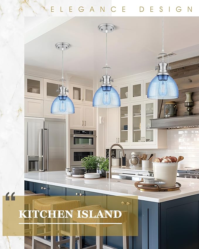 2 Pack Pendant Lights Kitchen Island, 7.5" Farmhouse Pendant Lighting with Blue Seeded Glass Shade, Vintage Hanging Light Fixtures for Dining Room, Brushed Nickel Finish, AD-22151-1P2-SN-BL