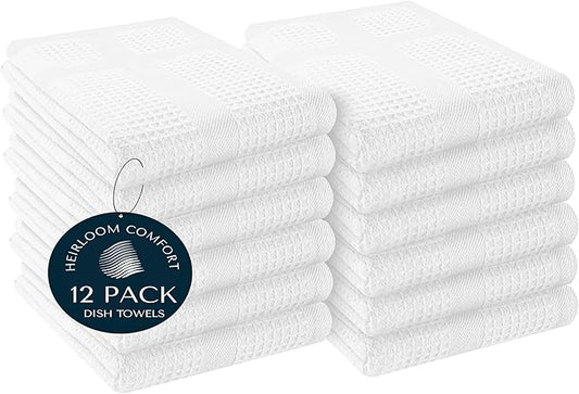 12 Pack White Waffle Weave Kitchen Towels, 100% Cotton, 16"x26", Super Absorbent, Quick Dry Dishcloth Set with Hanging Loop, Soft for Drying Dishes, Cleaning, Hand Towels, Durable