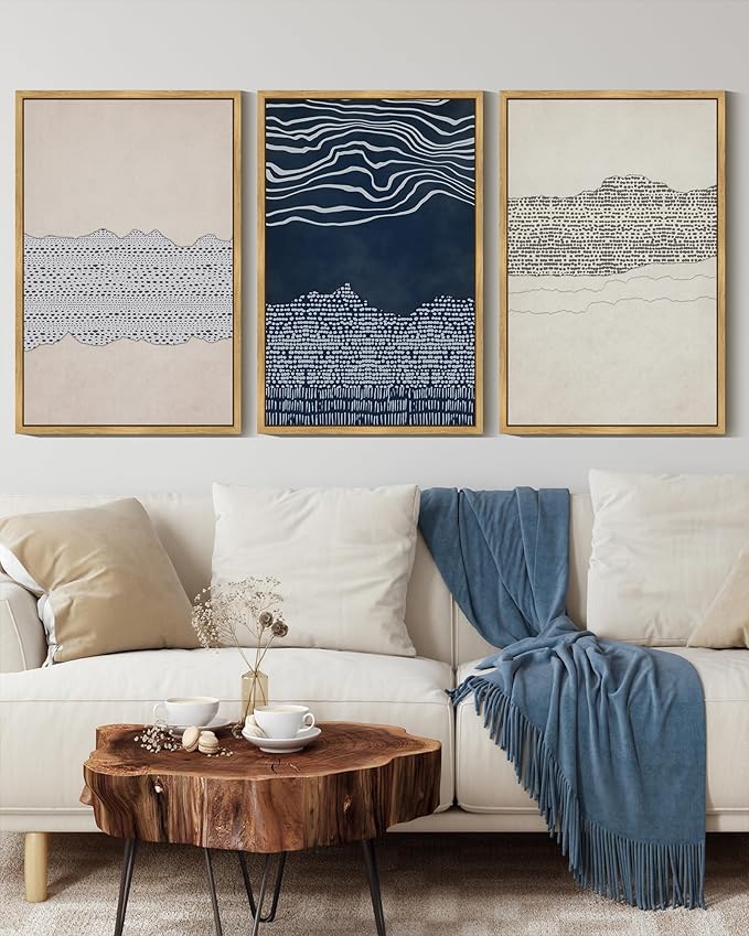 KUVIOKE Navy Blue Abstract Framed Wall Art Modern Neutral Minimalist Wooden Pastel Boho Wall Decor Farmhouse Rustic Art Painting Home Decor 16x24in (Natural Framed)