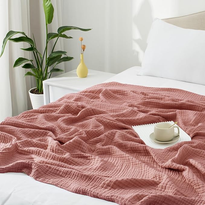 Carriediosa 100% Cotton Muslin Throw Blanket 70" X 80" Twin Size，4-Layers Summer Gauze Throws for Bed Couch，Soft Lightweight Breathable Linen Blankets Bedspread for Adults All Season，Mauve