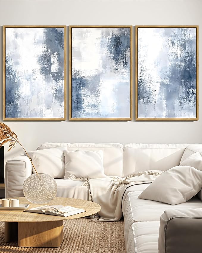 KUVIOKE Navy Blue and Gray Abstract Framed Canvas Wall Art Brush Strokes Block Shape Pastel Wall Decor Modern Minimalist Art Painting Home Decor 24x36in (Natural Framed)