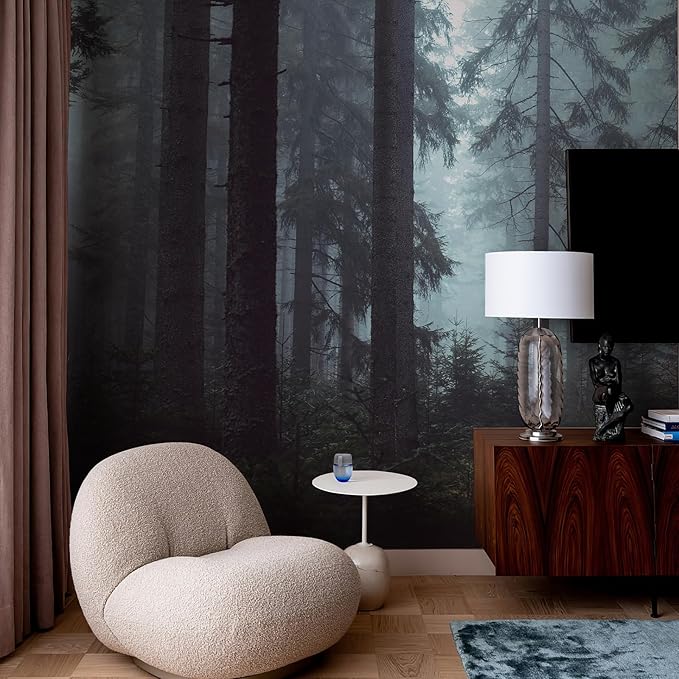 Zeeko Forest Wall Mural Woodland Wallpaper Mural 148" Wx 98" H Foggy Large Peel and Stick Mural Paint Canvas Removable Art Murals for TV Background Bedroom Office, Dark Blue