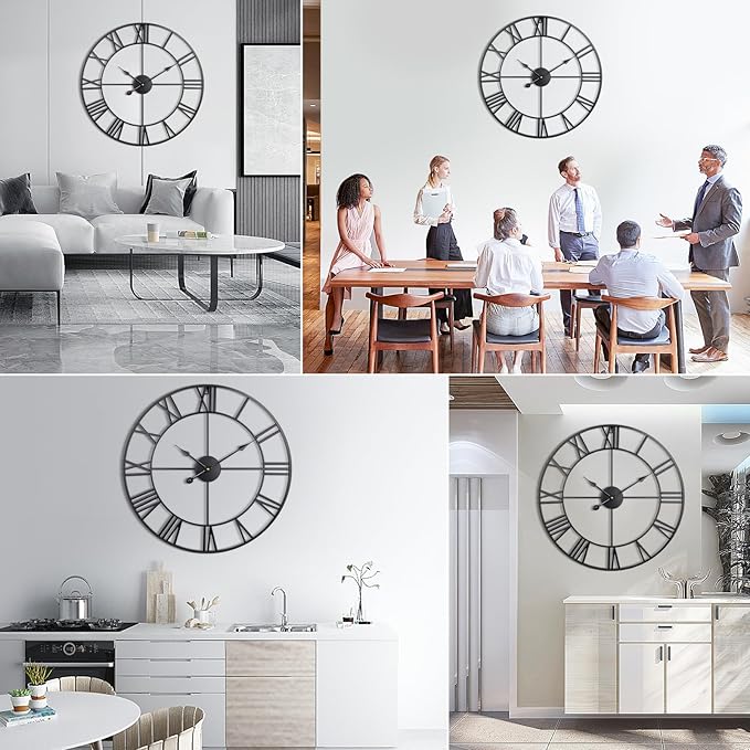 Large Wall Clock, 24-Inch(60CM) Roman Numeral Decorative Art Clock,Completely Silent, Non Ticking, Battery-Operated Metal Wall Clock for Living Room, Bedroom and Kitchen (Carbon Black)