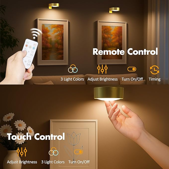 3Pcs Battery Operated Picture Light, Magnetic Led Painting Light with Remote Dimmable and Timer, 3 Lighting Modes Art Display Light for Picture Frame Paintings, Wireless Wall Decor Puck Lights, Gold