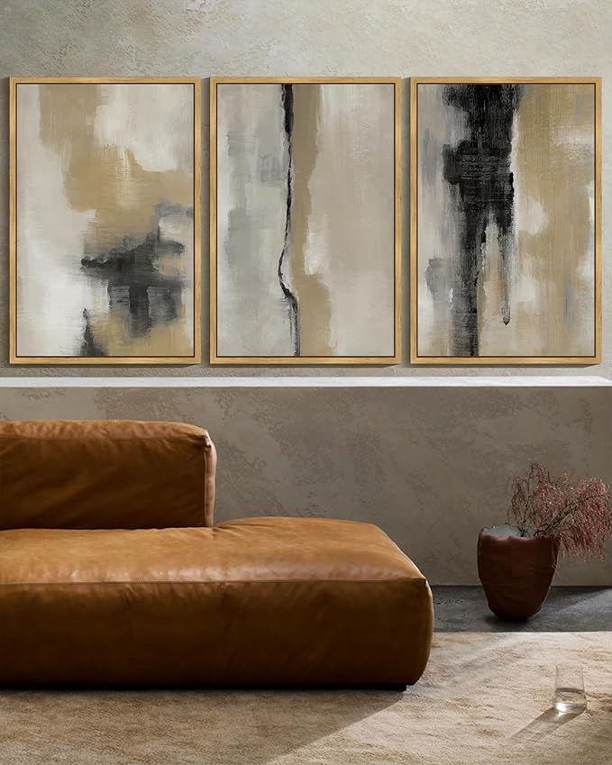 KUVIOKE Black Abstract Framed Wall Art Neutral Graffiti Pastel Minimalist Wall Decor Modern Art Painting for Bedroom Living Room 24x36in (Natural Framed)