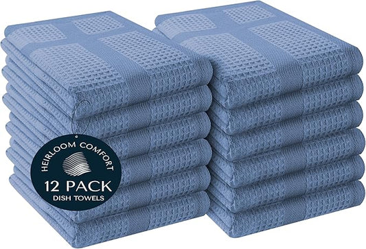 12 Pack Blue Waffle Weave Kitchen Towels, 16"x26", 100% Cotton, Super Absorbent, Fast Dry, Durable Dishcloth Set for Cleaning, Drying Dishes, Hand Towels, Machine Washable, Sky Blue