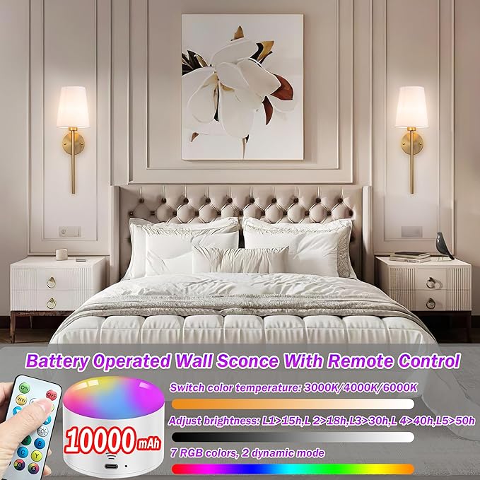 Battery Operated Wall Sconce with Remote,White Fabric Shade Wall Sconce Set Of 2 Battery Powered Sconces Wall Lighting Indoor Wireless Dimmable Wall Lamp with 3 Color Temp Bulb for Bedroom Living Room