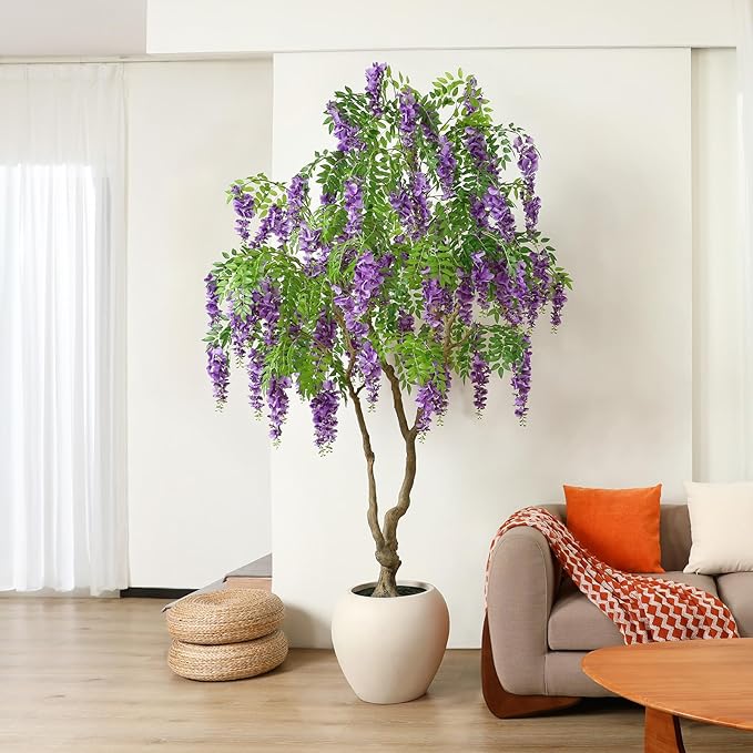 Blooming Wisteria Tree, 8ft Artificial Violet Tree with Round Artisan Planter, Premium Handmade, Realistic Trunk & Lifelike Leaves, Perfect for Large Spaces & Elegant Home/Office Decor