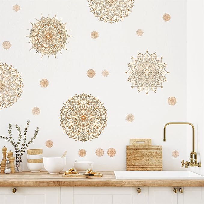 Kazova's Brown Mandala Wall Decals Lotus Flower Yoga & Heart Chakra Stickers Boho Lotus Decor & Headboard Sticker Removable Wall Art Sticker for Bedroom Living Room Decor
