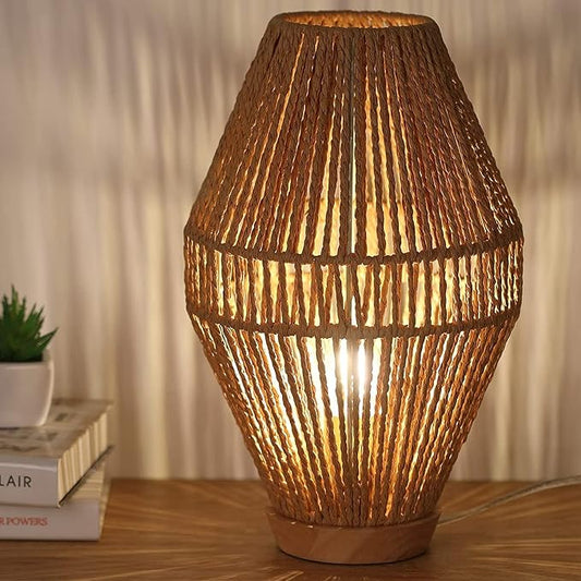Boho Table Lamps for Bedroom & Living Room - Small Natural Woven Basket Lanterns with Paper String Shades