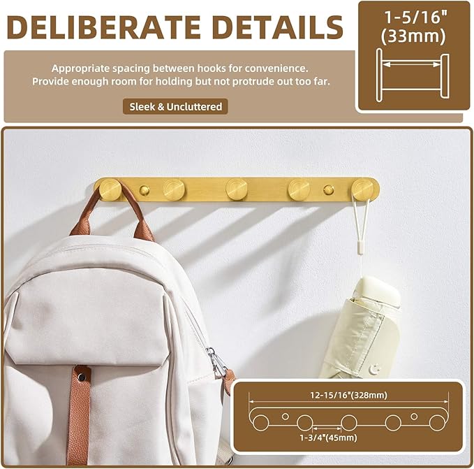 Angle Simple Towel Hook Rack Brushed Gold, SUS304 Stainless Steel Bathroom Hook Rail 5 Hooks, Utility Kitchen Towel Holder, Wall Mount