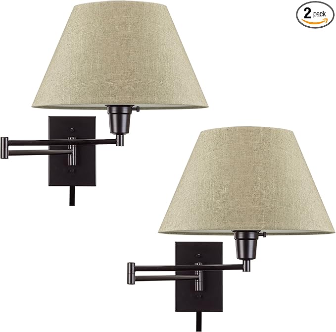 Kira Home Cambridge 15" Swing Arm Wall Lamp - Plug in/Wall Mount + Latte Mocha Fabric Shade, 150W 3-Way + Cord Covers, Black Finish, 2-Pack