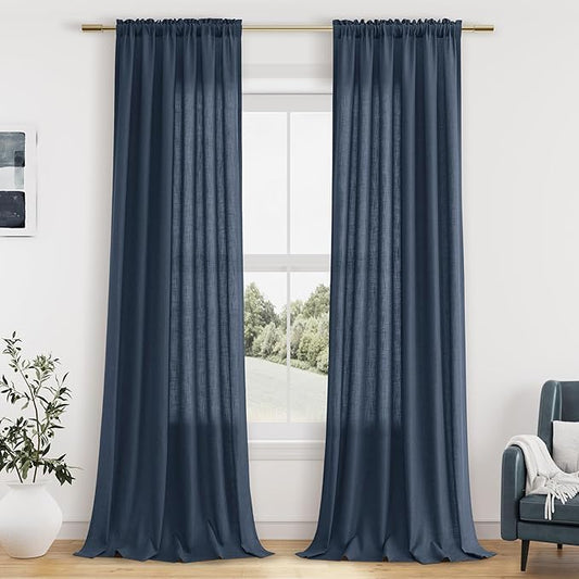 Guken Vintage Blue Linen Curtains 108 Inches Long 2 Panel Set Rod Pocket Semi Sheer Dining Room Cozy Bedroom Decor Cotton Look Country Rustic Farmhouse Boho Curtains 52x108