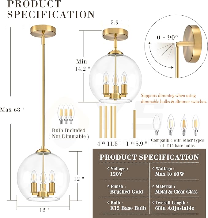 12" Gold Pendant Lights Glass Globe Pendant Light Fixture Bedroom Mid Century Modern Pendant Lighting Brass Pendant Light for Kitchen Island Bedroom Living Room Dinning Room (Bulb Incl.)