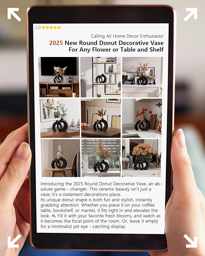 Round Donut Vase Set of 2 - Minimalist Nordic Modern Ceramic Decorative Black Vases For Home Office Book Shelf,Table Decor for Living Room,Coffee,Tv Stand Entry Console Mantle Decoration (Matte Black)