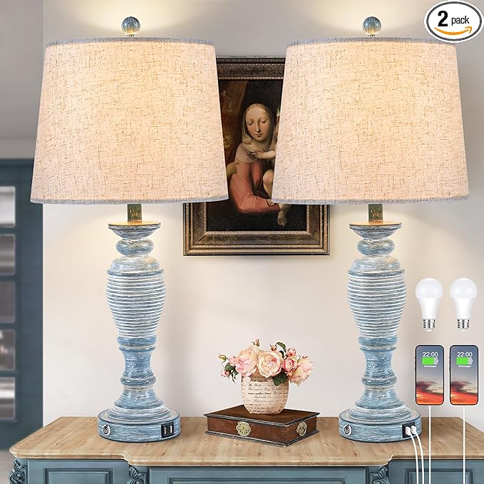 Blue Lamps Set of 2, 27.7" Table Lamps for Living Room with USB A+C Ports, Touch Lamp for Bedroom, 2 Bulbs Included