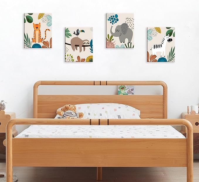 4pcs framed Baby Safari Nursery Wall Art Zebra elephant tiger monkey Pictures Poster Cute Animal Canvas Paintings Prints Decor for Kid Room Baby Room Wall Decor