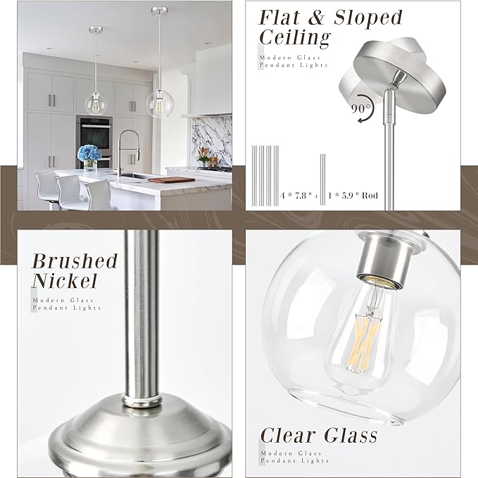 7 Inch Nickel Modern Pendant Lights Kitchen Island Mid Century Modern Pendant Light Fixtures with Clear Glass Globe Modern Hanging Pendant Light for Bathroom Bedroom （Bulb Incl）