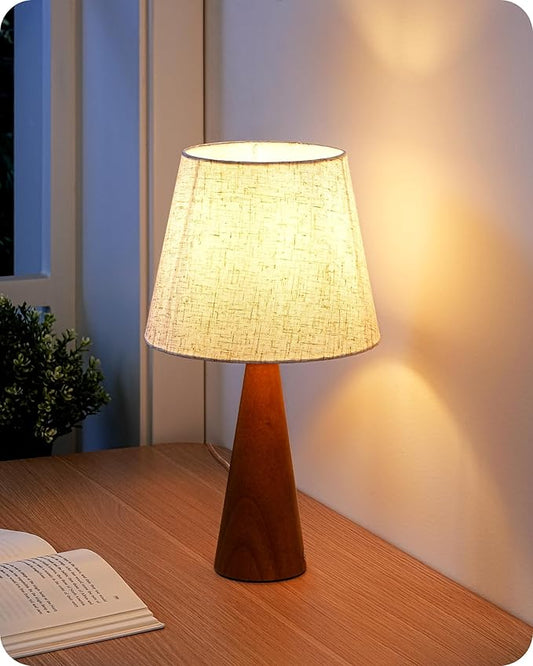 EDISHINE 13.58" Small Table Lamp, Wooden Bedside Lamp with Beige Linen Lampshade, Space-Saving Nightstand Lamp for Nursery Kids Room Bedroom Living Room, E26, ON-Off Button, Dark Rosewood Base