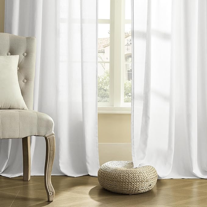 DONREN White Semi Sheer Curtains Linen Blend, Rod Pocket and Back Tab Linen Textured Semi Voile for Bedroom and Living Room, Light Filtering Privacy Window Treatments, W50 x L120, White, 2 Panels