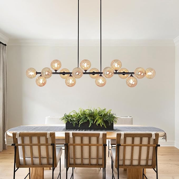 Large Dining Room Light Fixture, 55" Modern Linear Sputnik Chandeliers with Amber Sirled Glass Globe Bubble Farmhouse Chandeliers for Dining Room 16 Lights Island Light for Kitchen