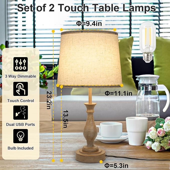 Touch Lamps for Bedrooms Set of 2, Farmhouse Table Lamp with Dual USB Charging Ports, 3 Way Dimmable Nightstand Lamps with Linen Fabric Lampshade for Bedroom (Pack 2-Beige Shade & Antique Brown)