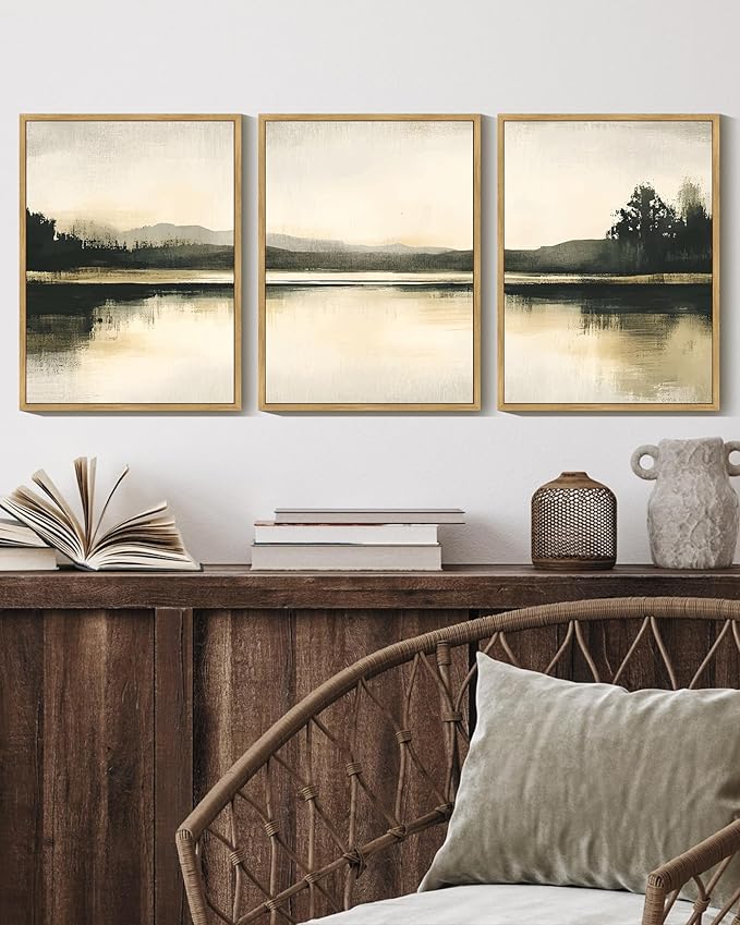 KUVIOKE Watercolor Abstract Mountain Lake Framed Wall Art Brown Landscape Nature Wilderness Painting Nordic Neutral Tan Illustration Decorative Home Decor 11x14in (Natural Framed)