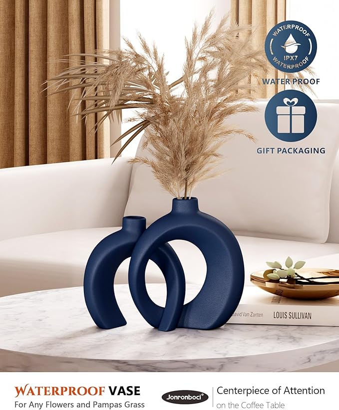 Blue Vase Set of 2 - Donut Navy Vases Home Decor, Modern Coastal Decor - Decorative Vase, Ceramic Decorations for Living Room Coffee Table Bookshelf Shelf Console Mantle (Matte Navy Blue)