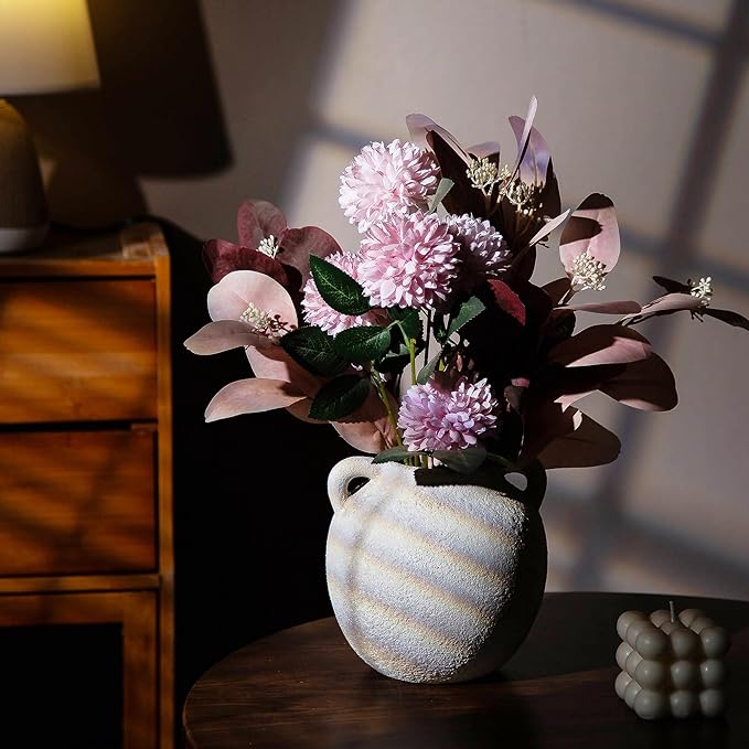 Small Ceramic White Vase - Short Rustic Flower Vases - 6 Inch Christmas Decorative Vase, Vintage Terracotta Vase with Hadle for Home Decor,Living Room Shelf Decor Table, Lyeec