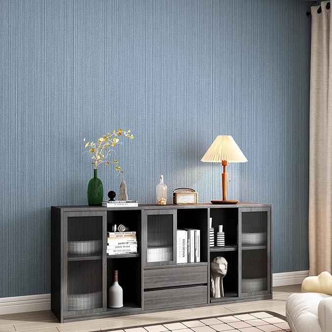 Blue Grey Faux Grasscloth Wallpaper Peel and Stick Linen Textured 24"x394" Upgraded Thick Self-Adhesive Waterproof Neutral Decorative Contact Paper Vinyl Film Roll for Wall Bedroom Kitchen